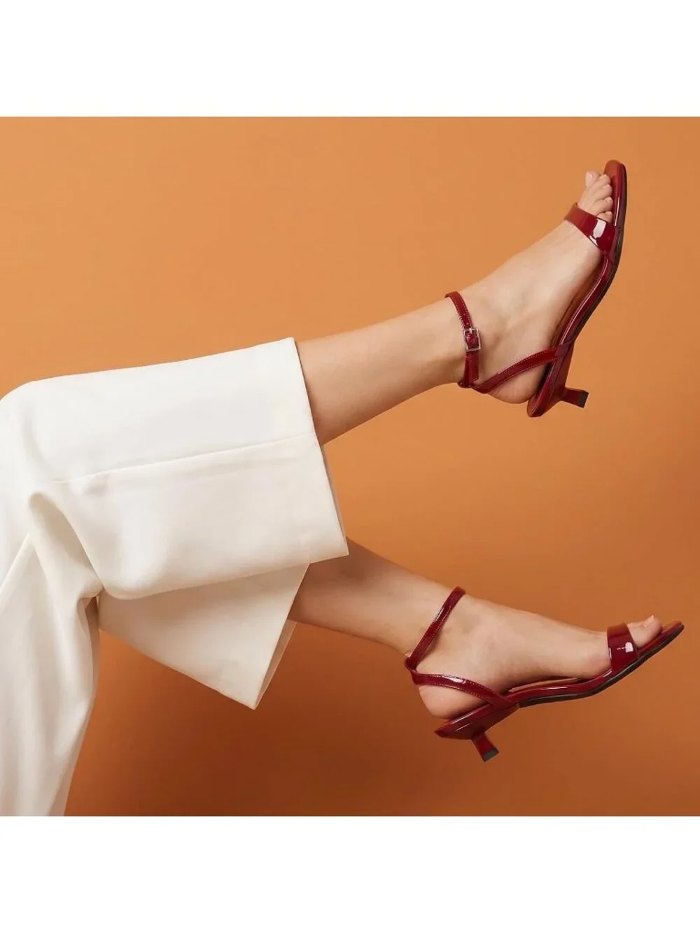 Women's Burgundy Faux Leather Square Open Toe Ankle Strap Kitten Heeled Sandals